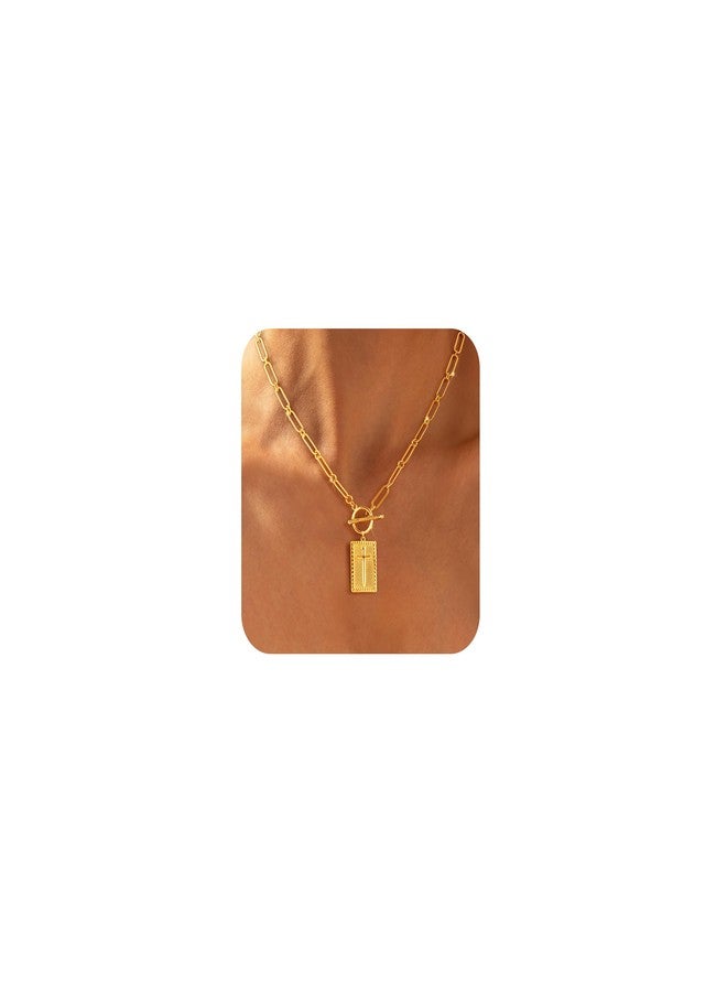 Carffordo Cross Necklace for Women - Dainty 14K Gold Plated Cross Pendant Necklaces Trendy Toggle Clasp Paperclip Chain Simple Religious Jewelry Christmas Gift - Image 1
